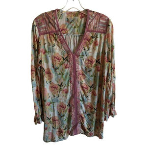 Soft Surroundings Shirt Women's M Long Sleeve Water Color Floral Print Top